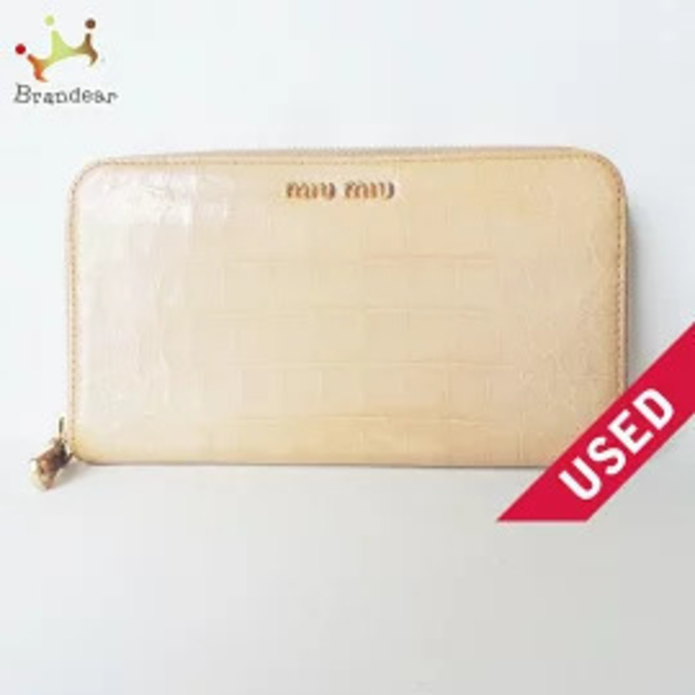 Miu Miu Long Wallet Embossed Leather Round Zipper Beige Cream